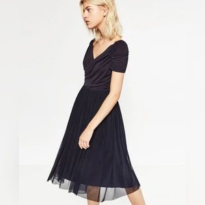 NWT Zara Navy Blue Crossover Neckline Tulle Skirt Ballerina Dress 0594/152